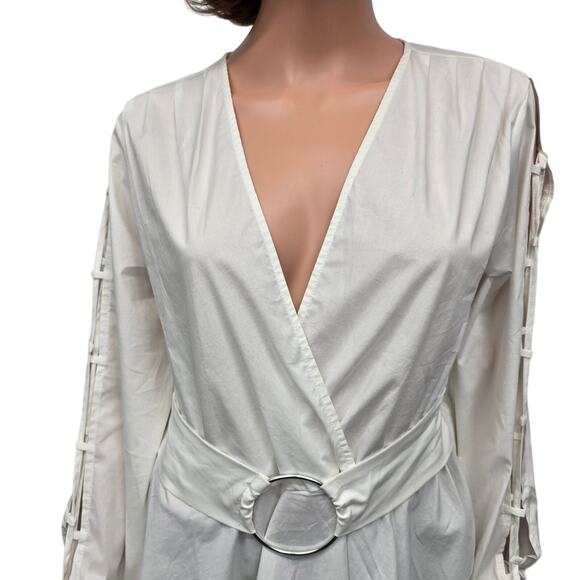 VENUS Top Blouse Women 6 White Open Long Sleeves Lace-up V-neck Belt Buckle - Picture 9 of 14